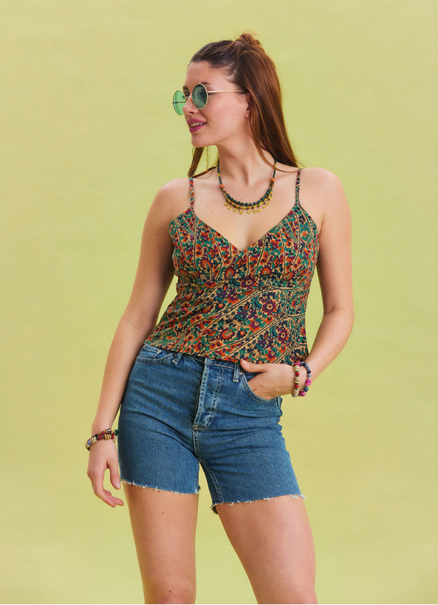 Flower Printed Thin Straps Adjustable Green Crop Blouse 4439